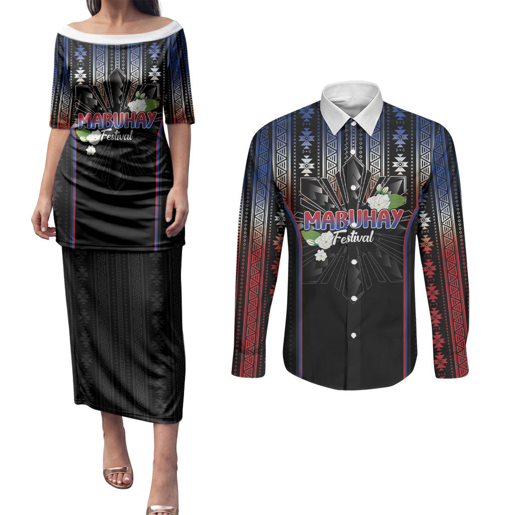 Mabuhay Philippines Festival Couples Matching Puletasi and Long Sleeve Button Shirt Filipino Map Sampaguita Igorot Pattern