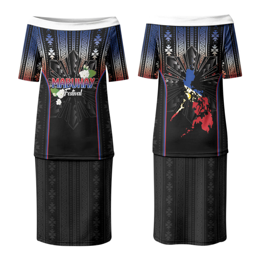 Mabuhay Philippines Festival Couples Matching Puletasi and Long Sleeve Button Shirt Filipino Map Sampaguita Igorot Pattern