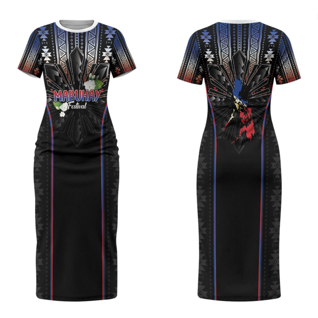Mabuhay Philippines Festival Couples Matching Short Sleeve Bodycon Dress and Long Sleeve Button Shirt Filipino Map Sampaguita Igorot Pattern