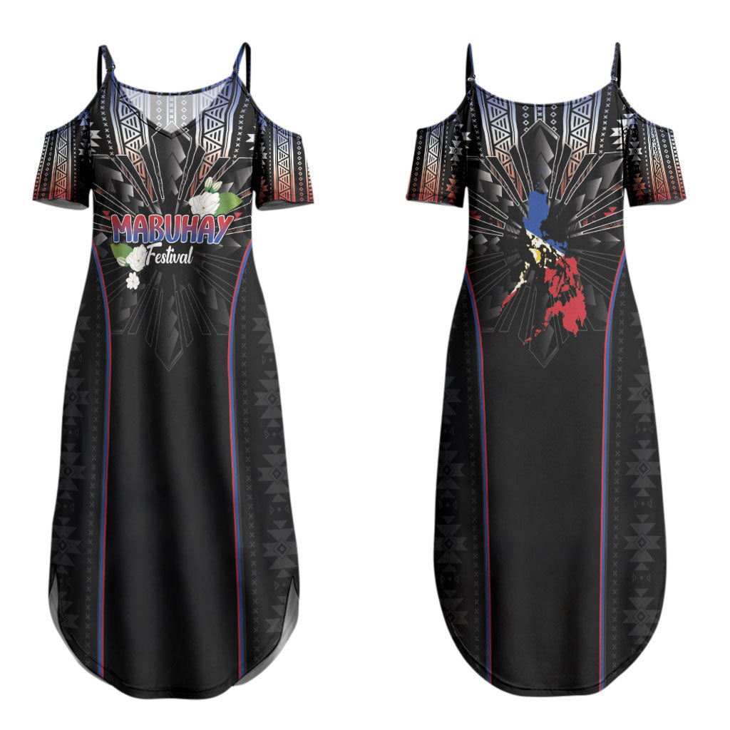 Mabuhay Philippines Festival Couples Matching Summer Maxi Dress and Long Sleeve Button Shirt Filipino Map Sampaguita Igorot Pattern