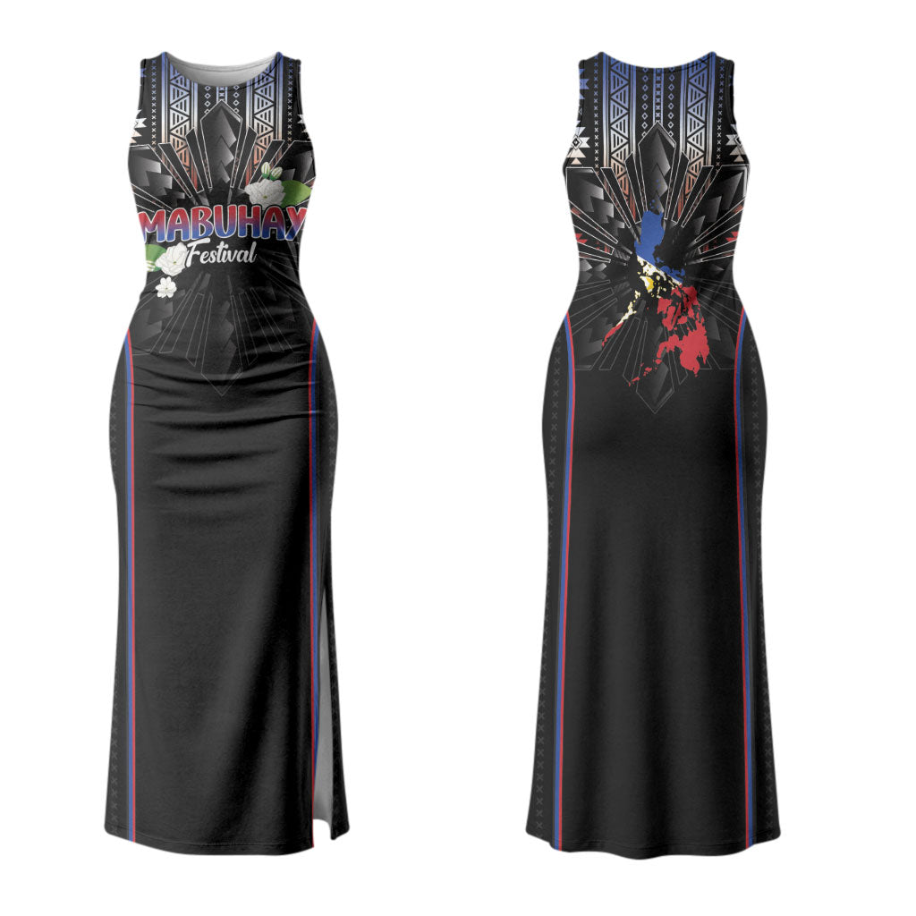 Mabuhay Philippines Festival Couples Matching Tank Maxi Dress and Long Sleeve Button Shirt Filipino Map Sampaguita Igorot Pattern