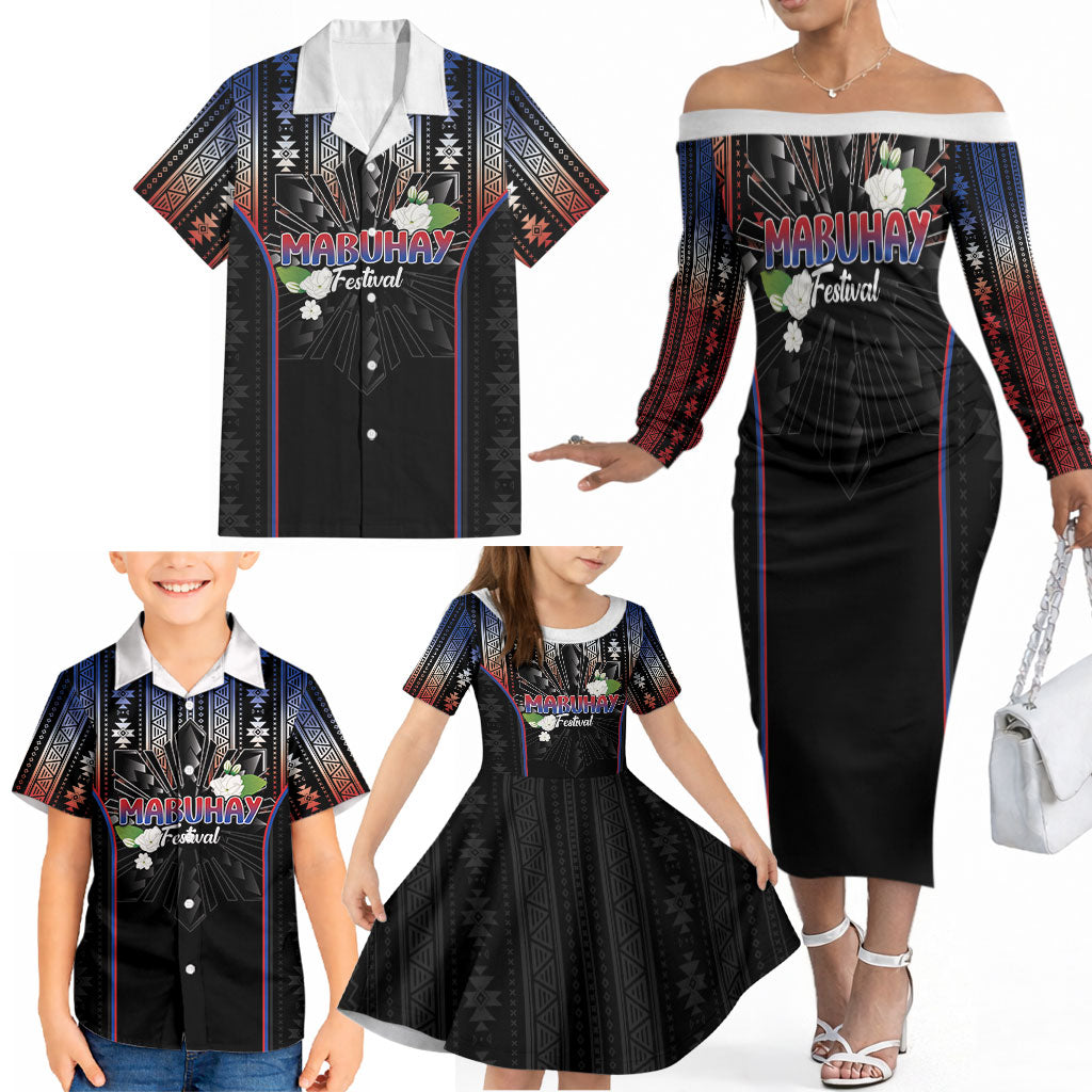Mabuhay Philippines Festival Family Matching Off The Shoulder Long Sleeve Dress and Hawaiian Shirt Filipino Map Sampaguita Igorot Pattern