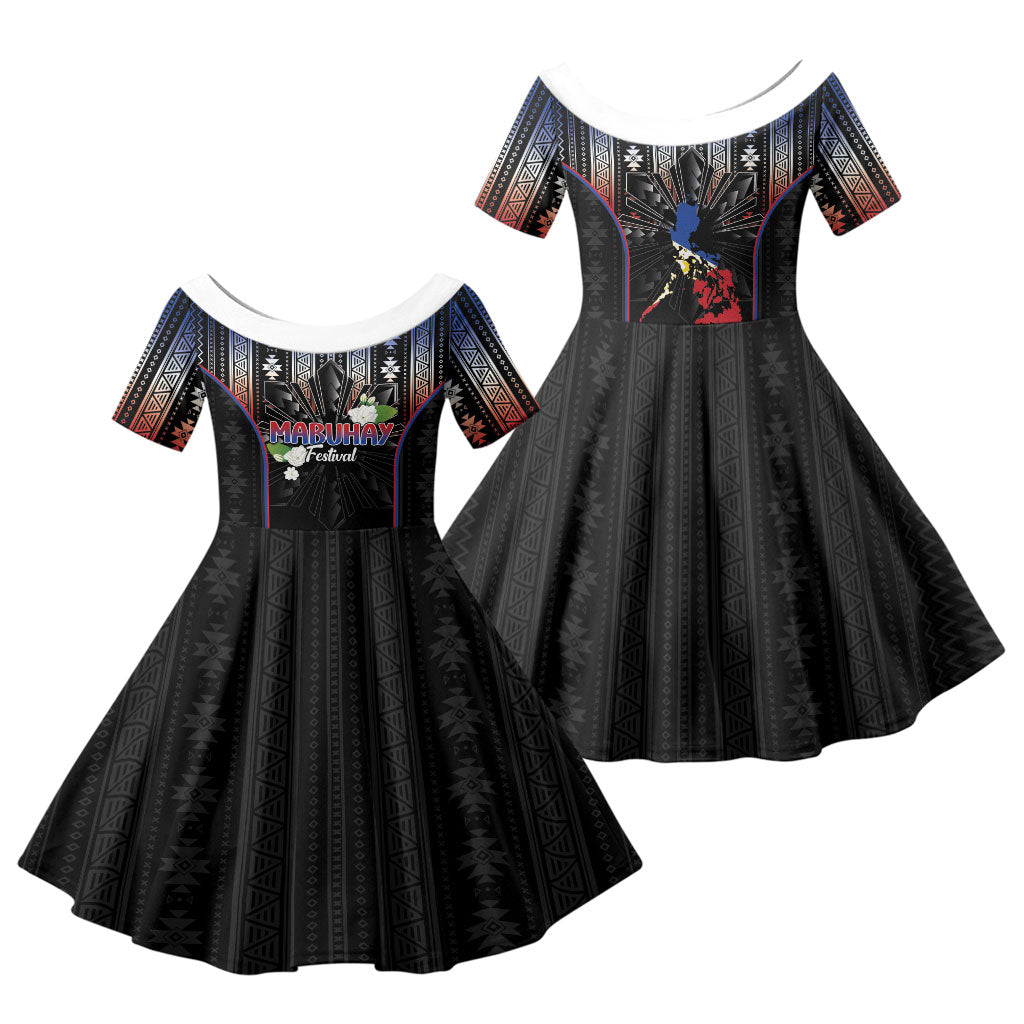 Mabuhay Philippines Festival Family Matching Off The Shoulder Long Sleeve Dress and Hawaiian Shirt Filipino Map Sampaguita Igorot Pattern