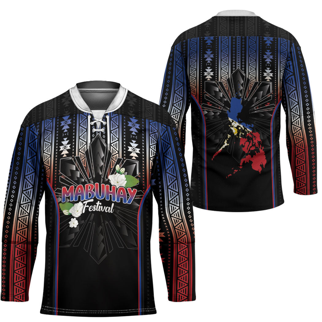 Mabuhay Philippines Festival Hockey Jersey Filipino Map Sampaguita Igorot Pattern