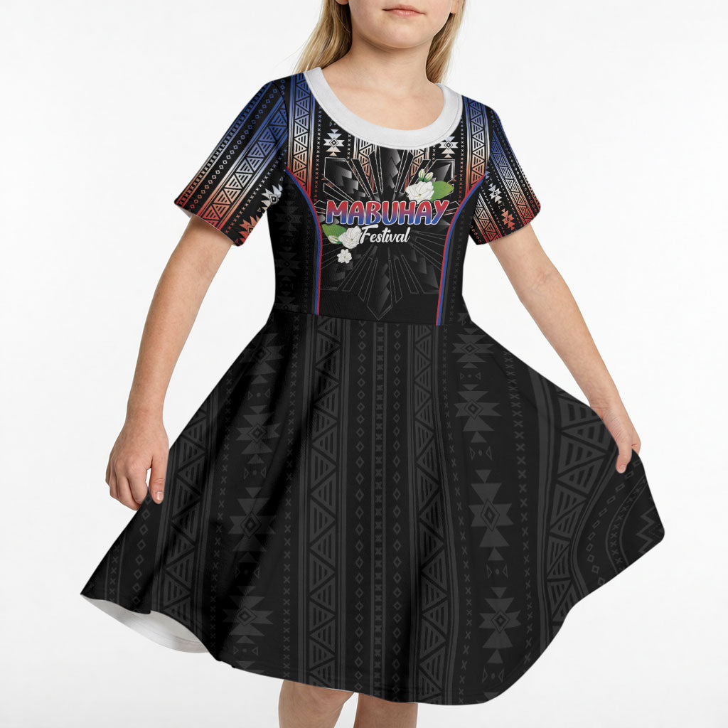 Mabuhay Philippines Festival Kid Short Sleeve Dress Filipino Map Sampaguita Igorot Pattern
