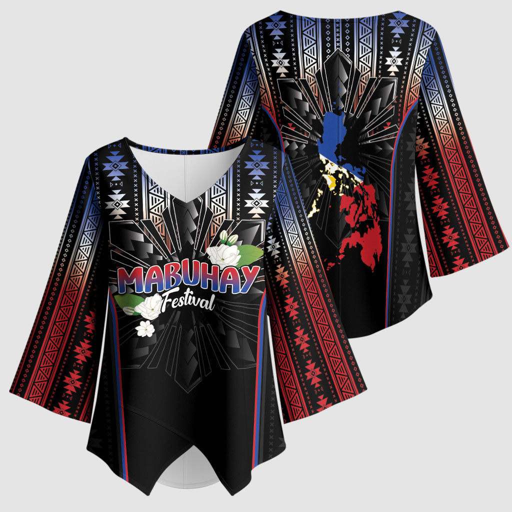 Mabuhay Philippines Festival Kimono Sleeve Blouse Filipino Map Sampaguita Igorot Pattern