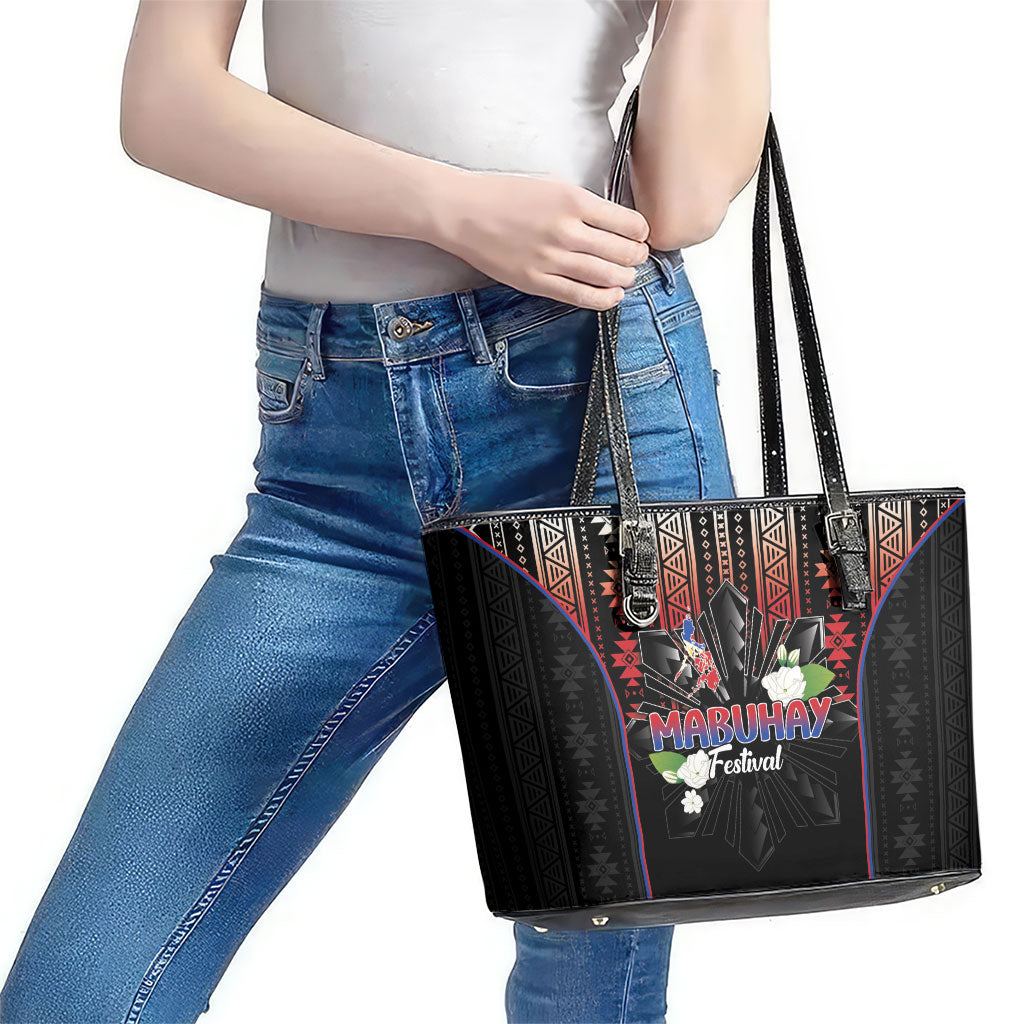 Mabuhay Philippines Festival Leather Tote Bag Filipino Map Sampaguita Igorot Pattern