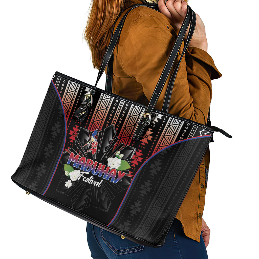 Mabuhay Philippines Festival Leather Tote Bag Filipino Map Sampaguita Igorot Pattern