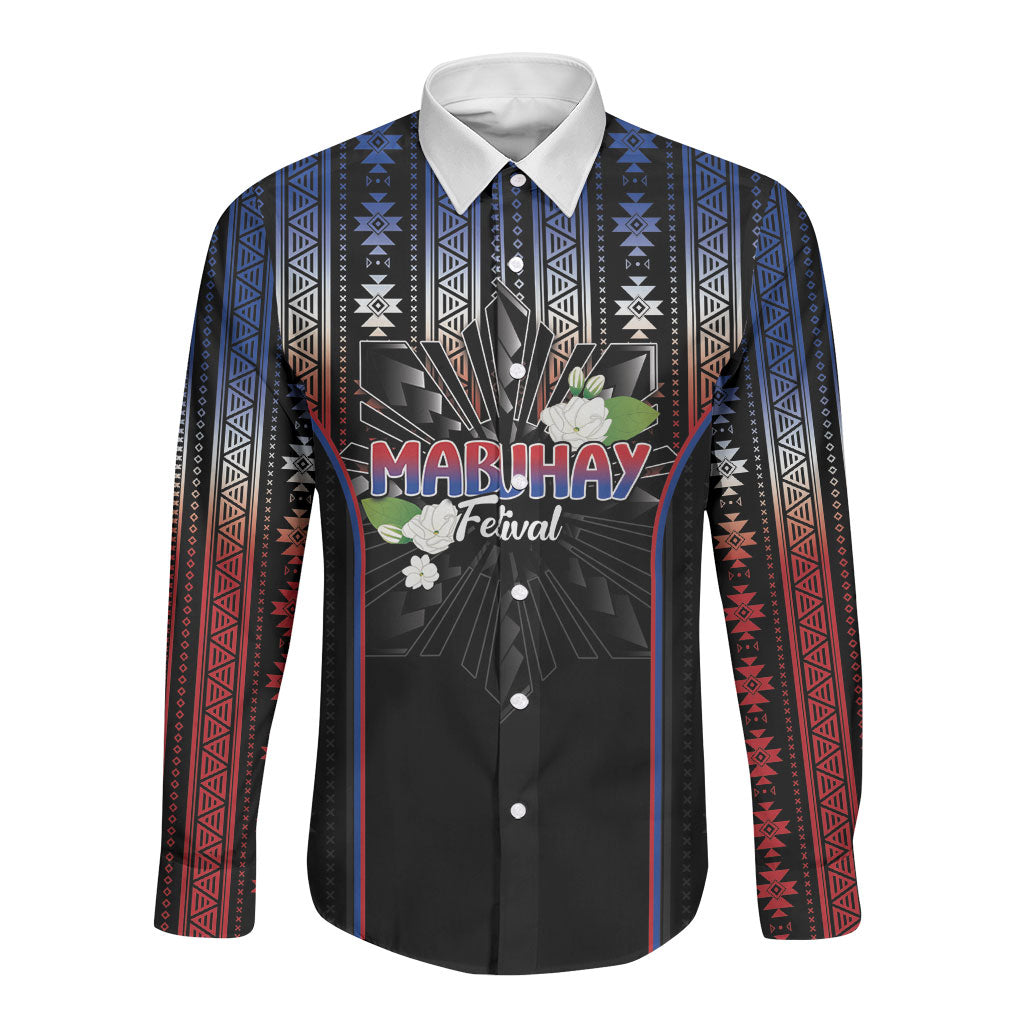 Mabuhay Philippines Festival Long Sleeve Button Shirt Filipino Map Sampaguita Igorot Pattern