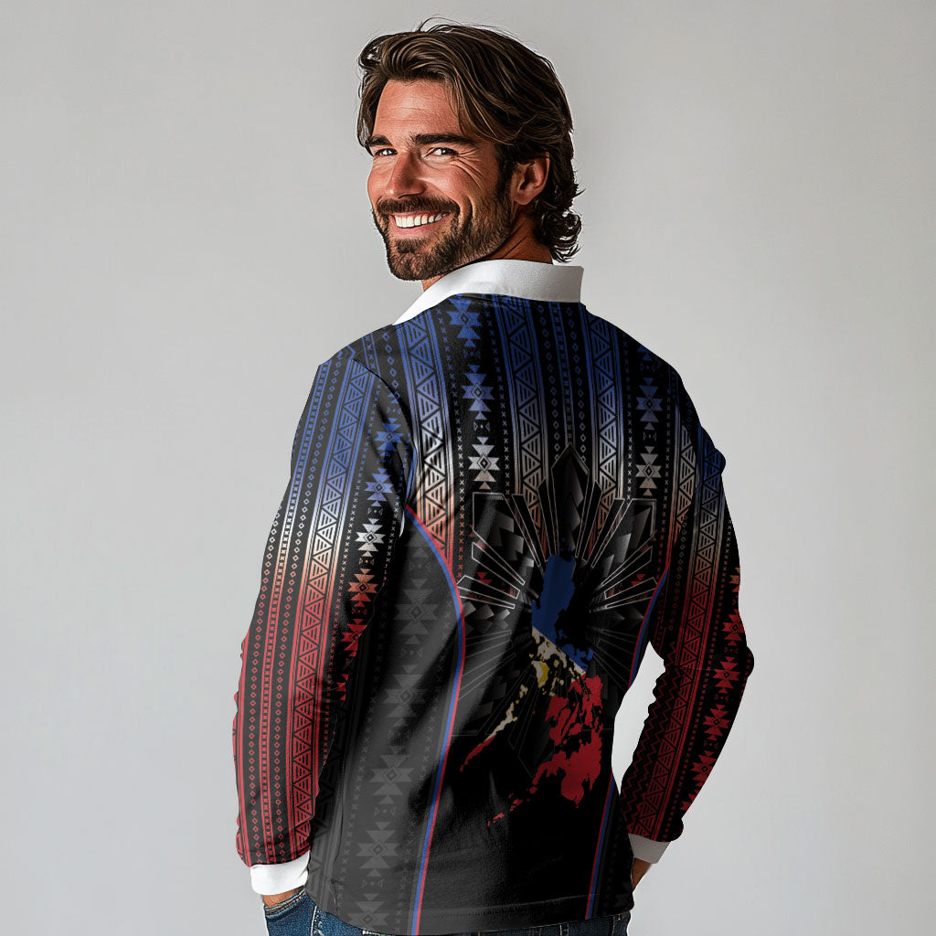 Mabuhay Philippines Festival Long Sleeve Polo Shirt Filipino Map Sampaguita Igorot Pattern