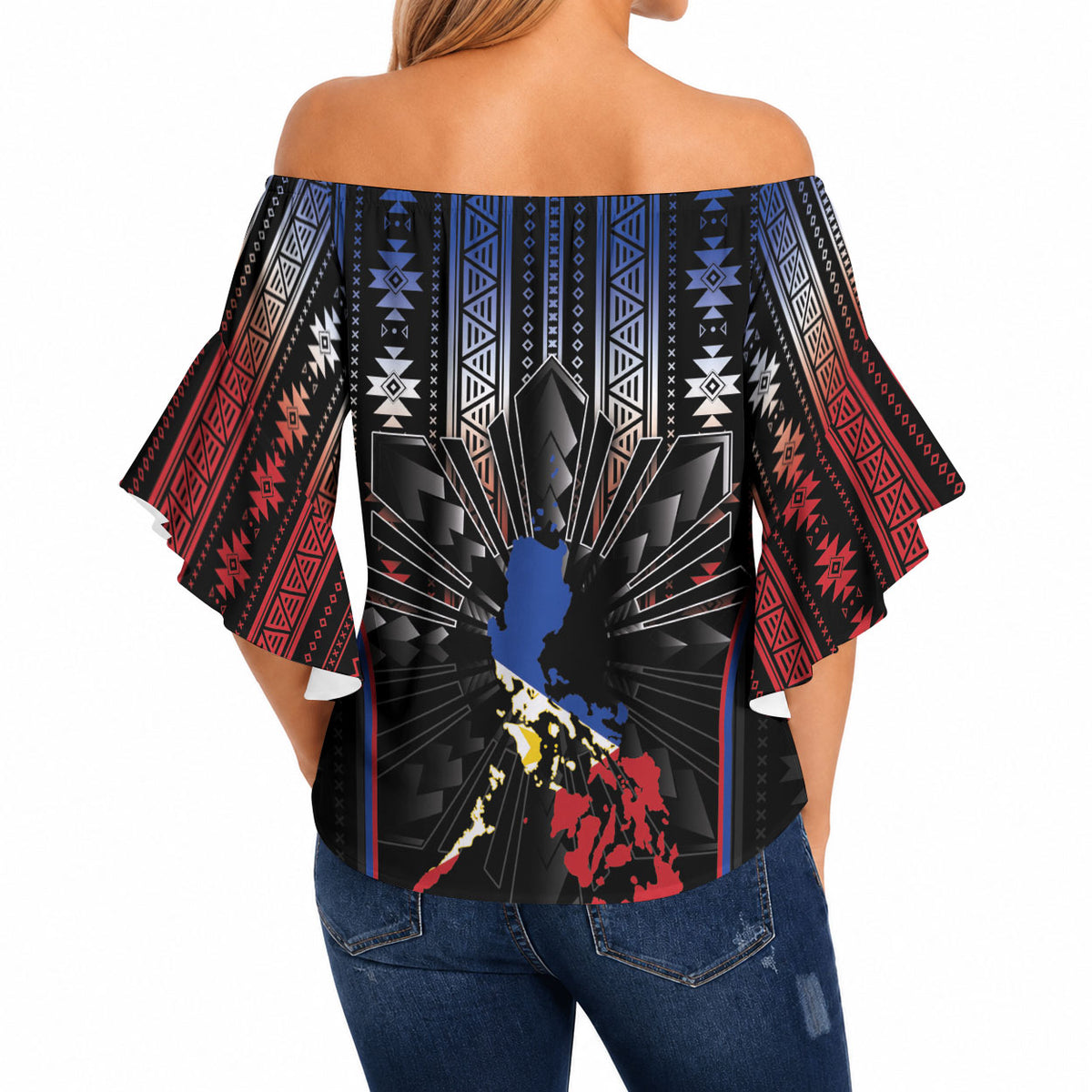 Mabuhay Philippines Festival Off Shoulder Wrap Waist Top Filipino Map Sampaguita Igorot Pattern