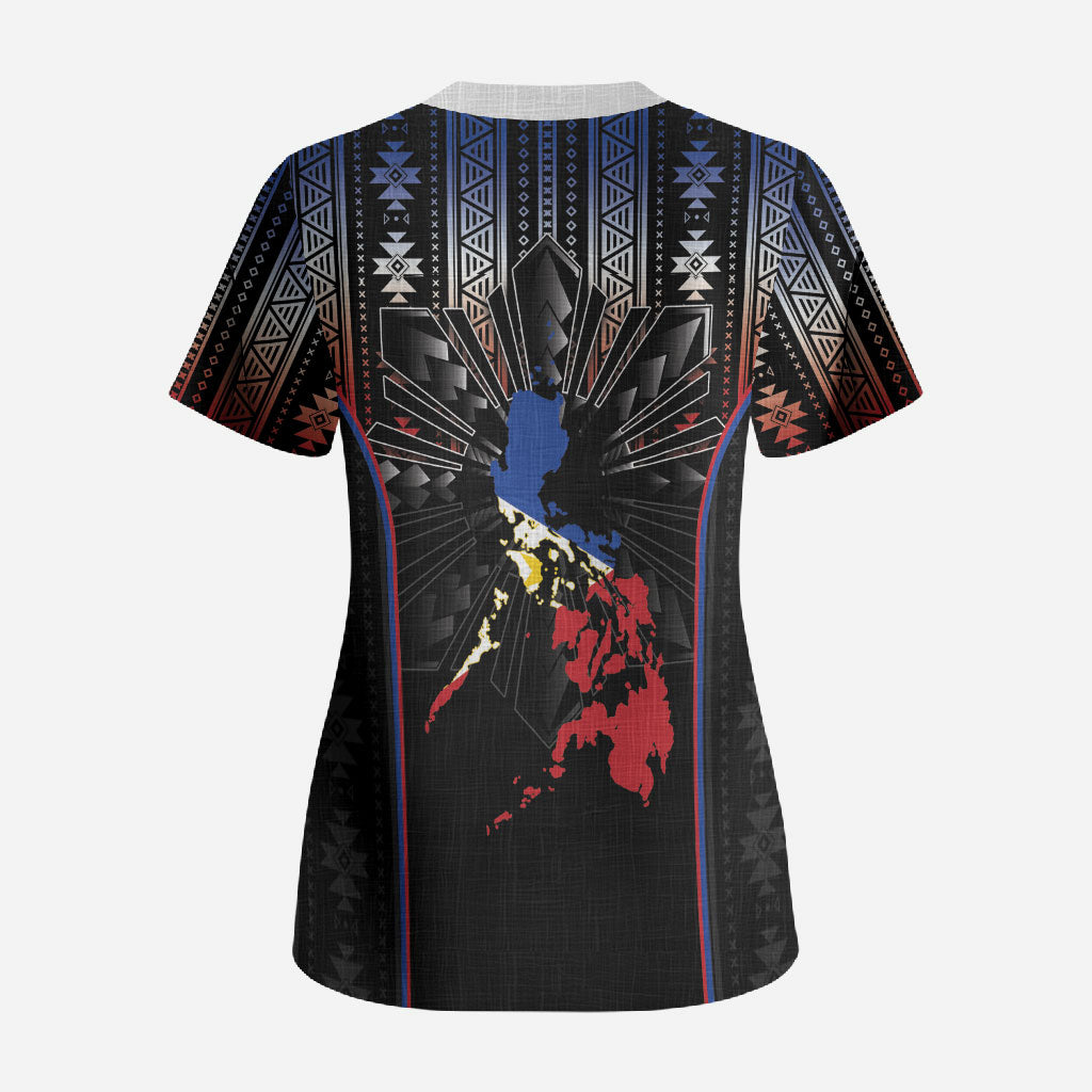Mabuhay Philippines Festival Scrub Top Filipino Map Sampaguita Igorot Pattern