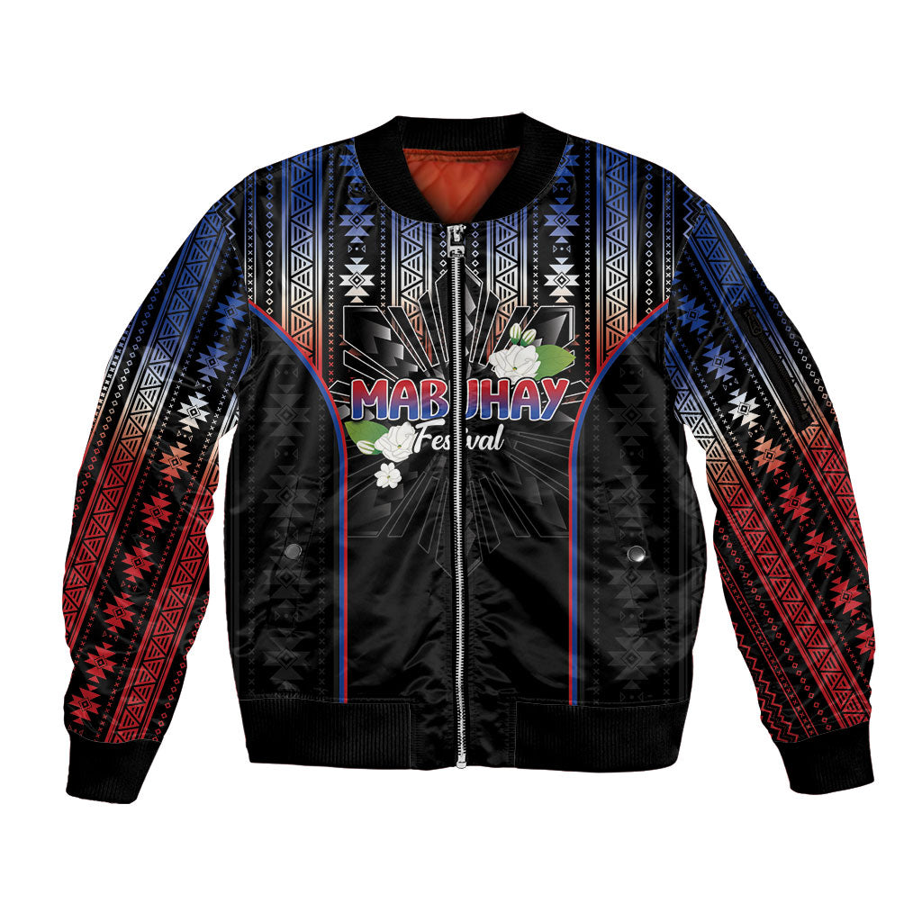 Mabuhay Philippines Festival Sleeve Zip Bomber Jacket Filipino Map Sampaguita Igorot Pattern