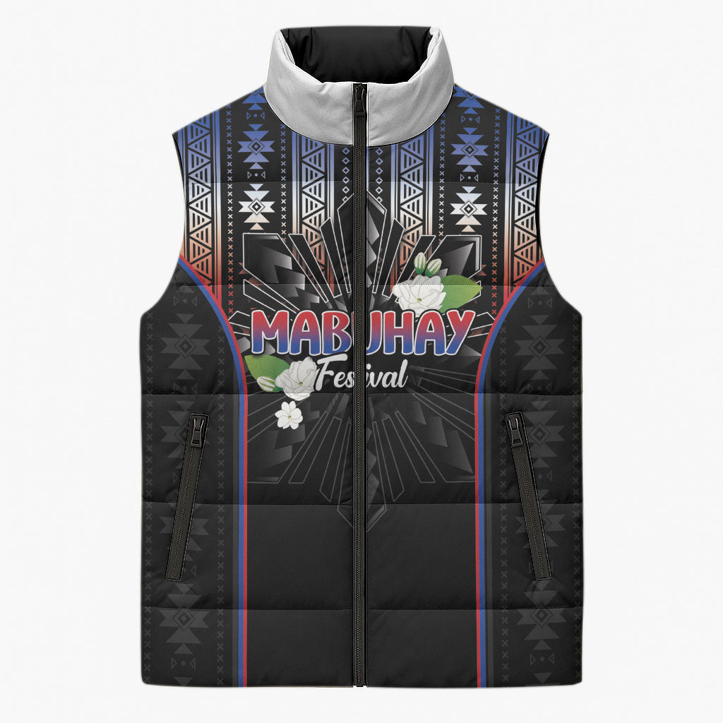Mabuhay Philippines Festival Sleeveless Puffer Jacket Filipino Map Sampaguita Igorot Pattern