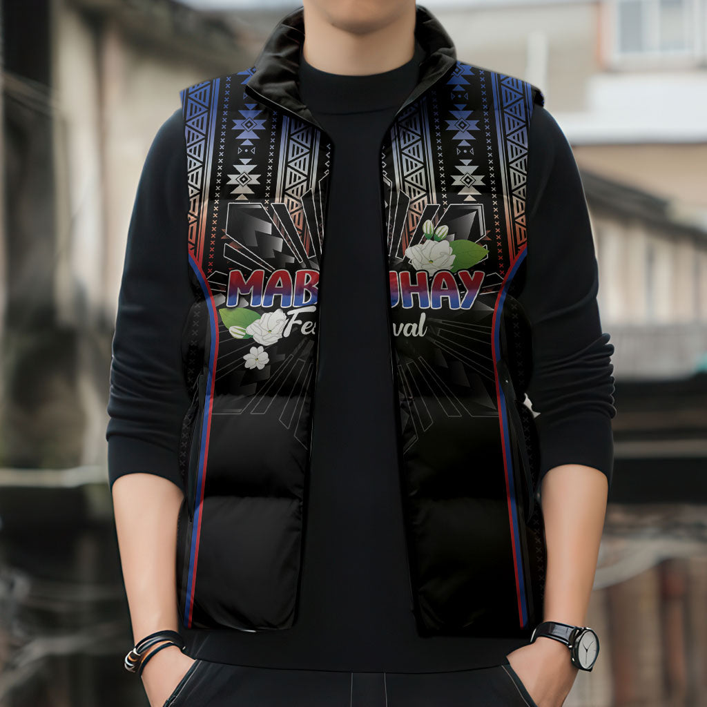 Mabuhay Philippines Festival Sleeveless Puffer Jacket Filipino Map Sampaguita Igorot Pattern