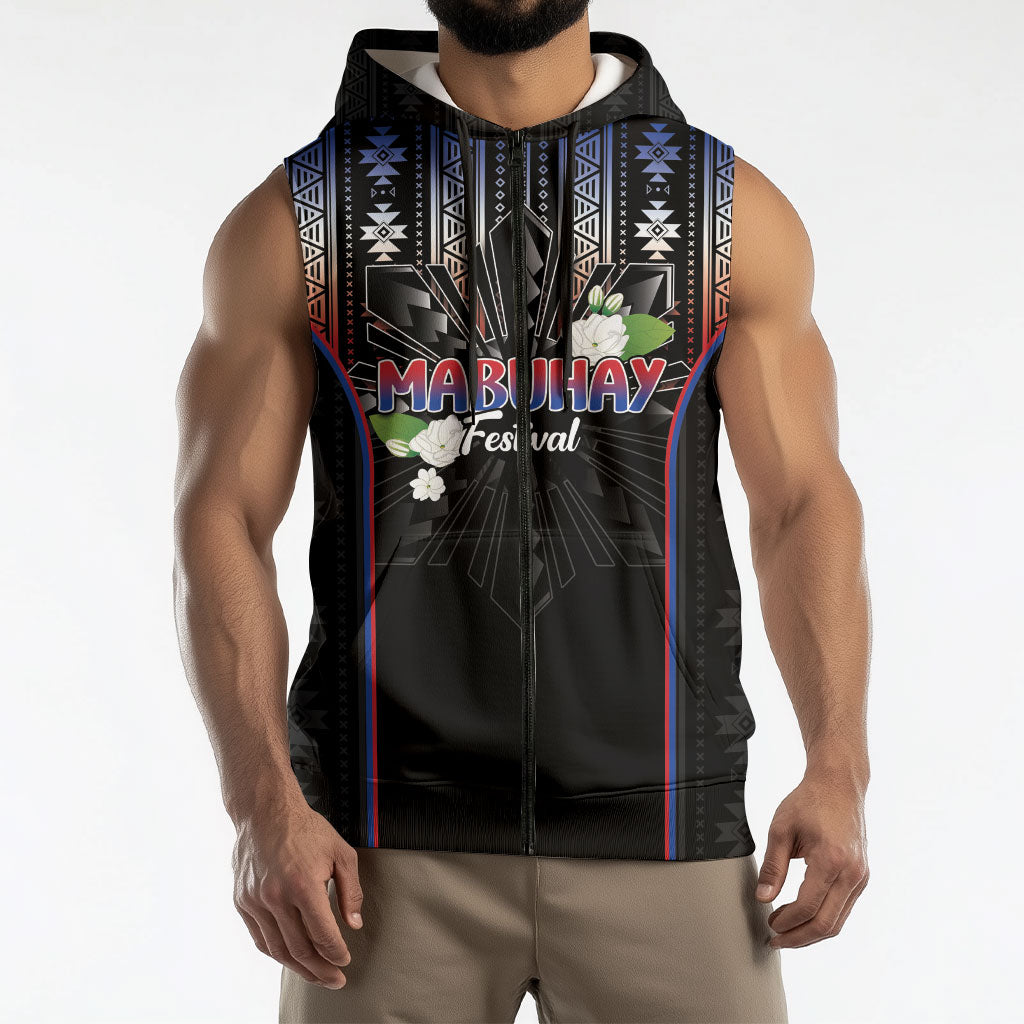 Mabuhay Philippines Festival Sleeveless Zip Hoodie Filipino Map Sampaguita Igorot Pattern