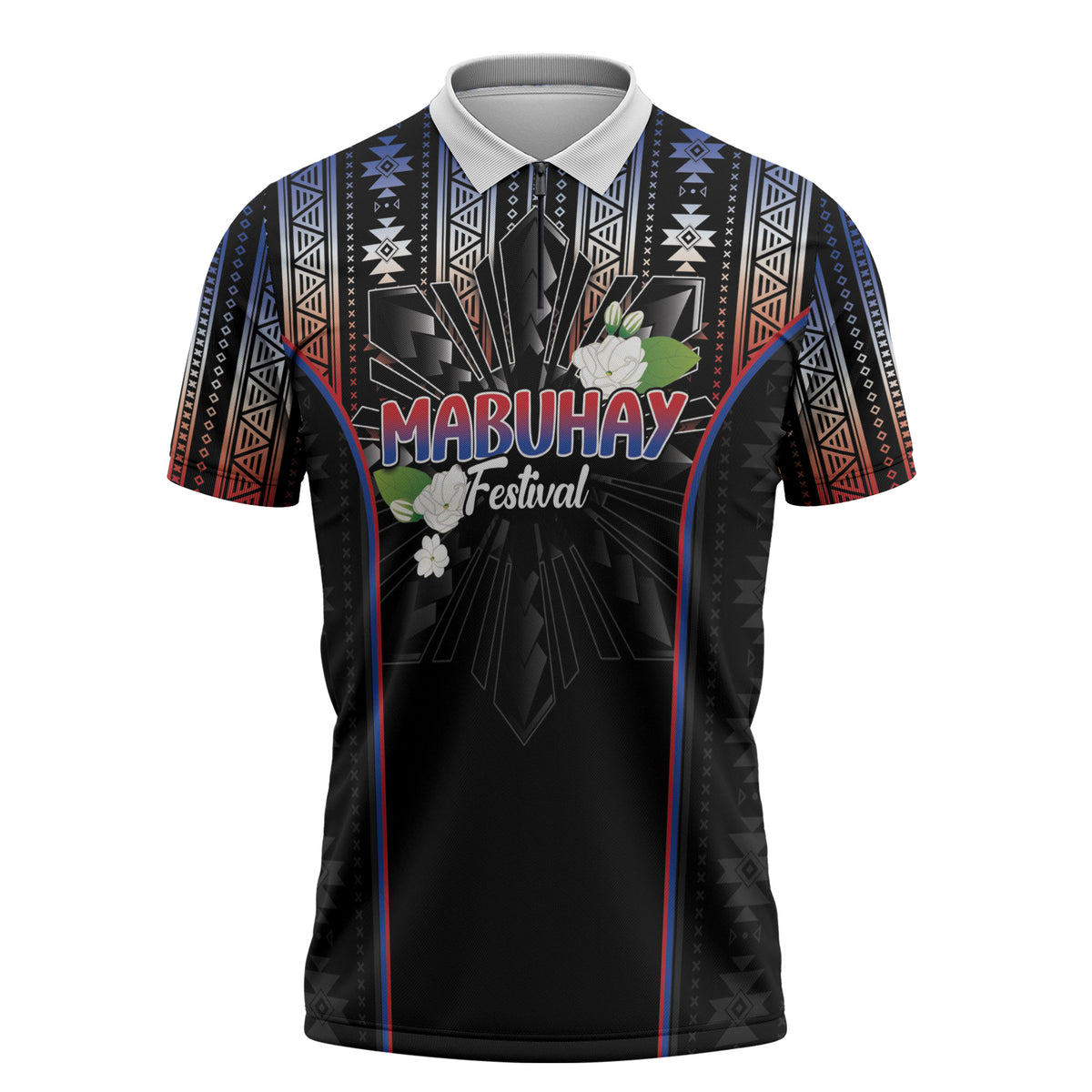 Mabuhay Philippines Festival Zipper Polo Shirt Filipino Map Sampaguita Igorot Pattern