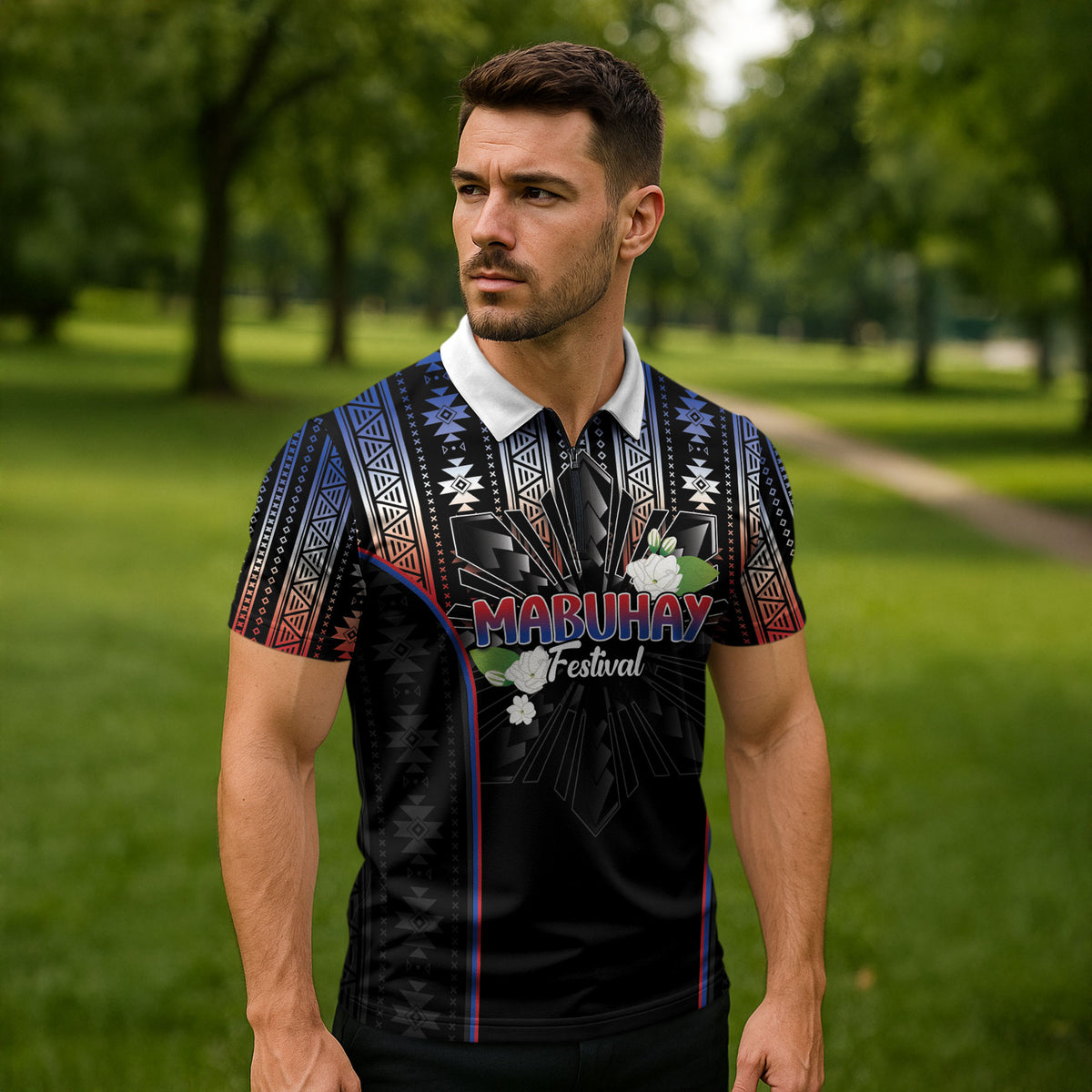 Mabuhay Philippines Festival Zipper Polo Shirt Filipino Map Sampaguita Igorot Pattern
