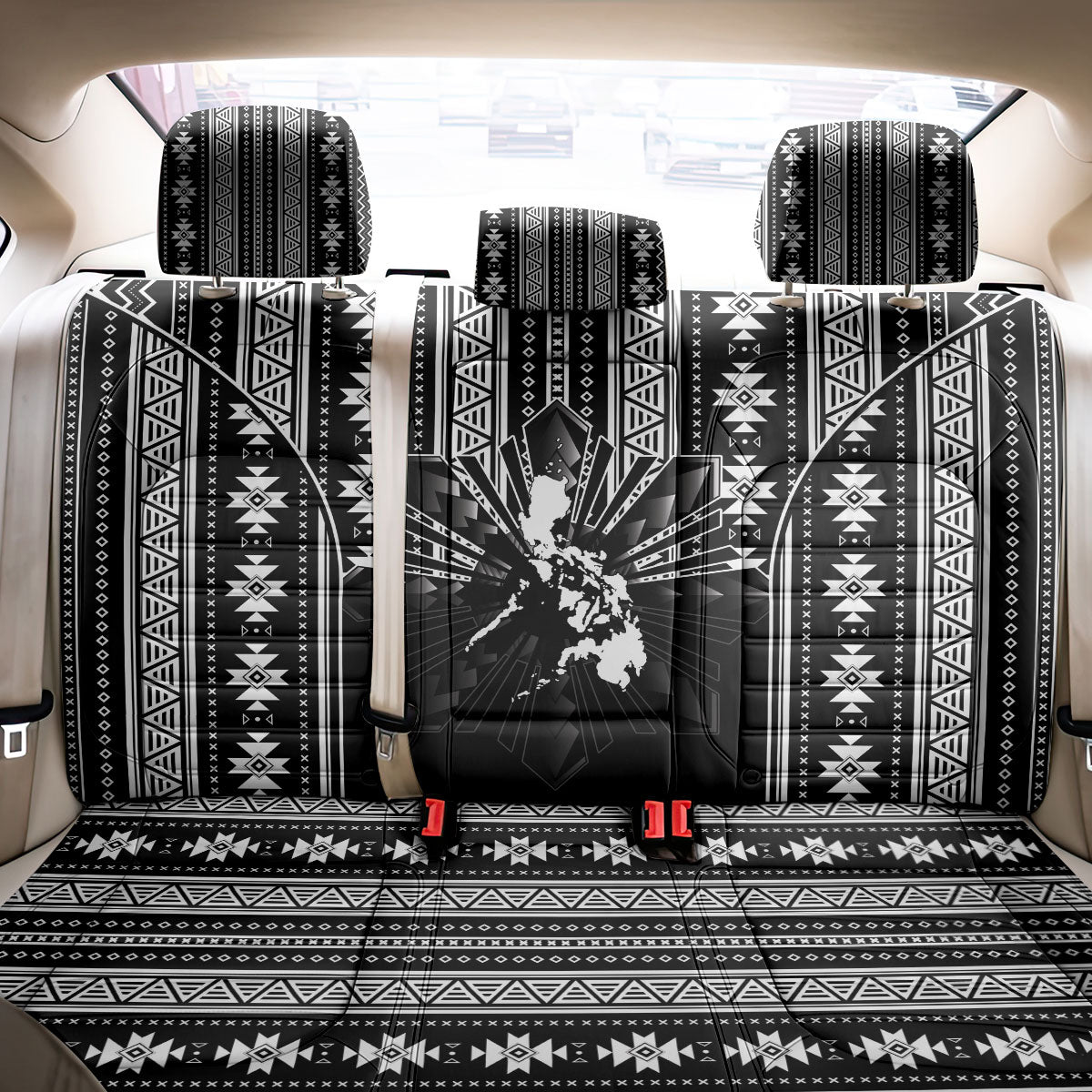 Mabuhay Philippines Festival Back Car Seat Cover Filipino Map Black White Igorot Pattern