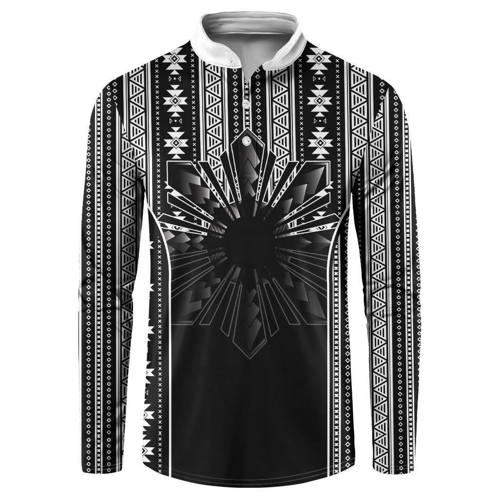 Mabuhay Philippines Festival Button Sweatshirt Filipino Map Black White Igorot Pattern