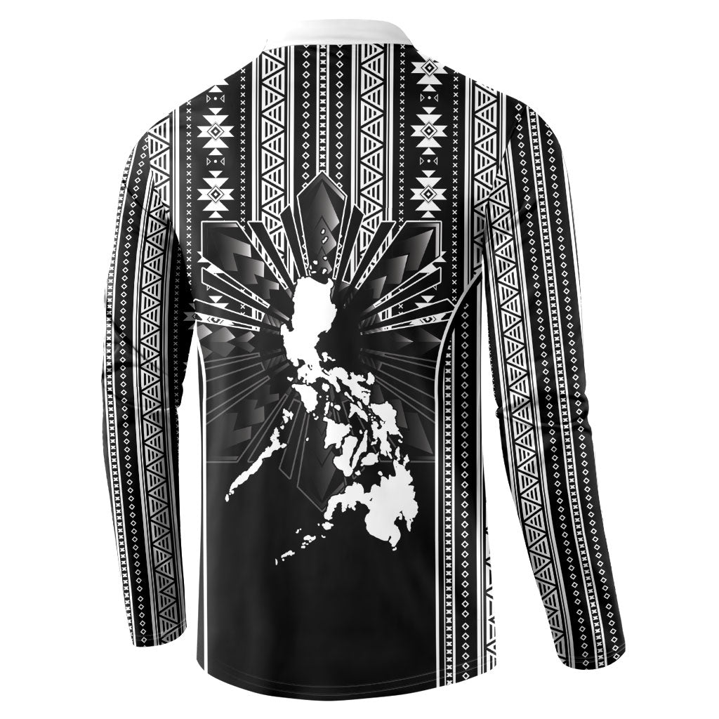 Mabuhay Philippines Festival Button Sweatshirt Filipino Map Black White Igorot Pattern