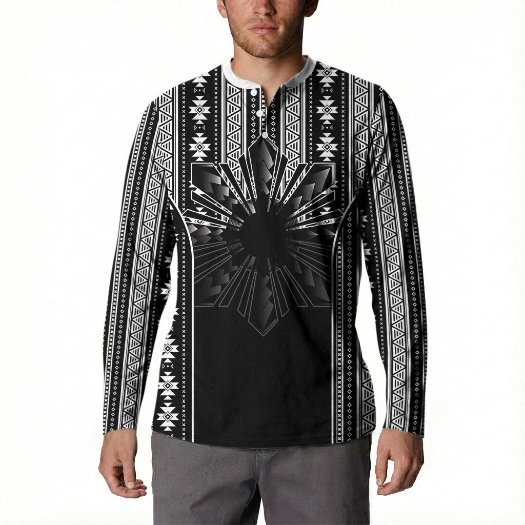 Mabuhay Philippines Festival Button Sweatshirt Filipino Map Black White Igorot Pattern