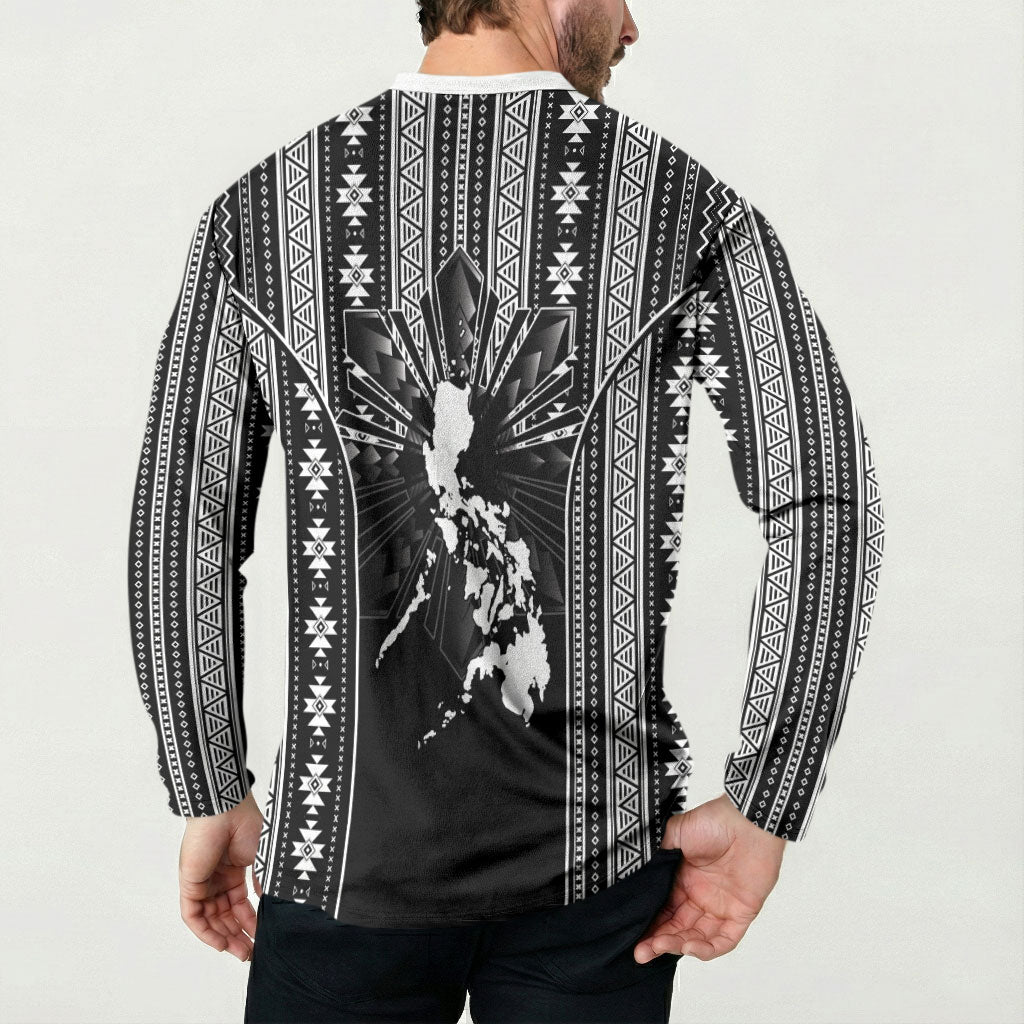Mabuhay Philippines Festival Button Sweatshirt Filipino Map Black White Igorot Pattern
