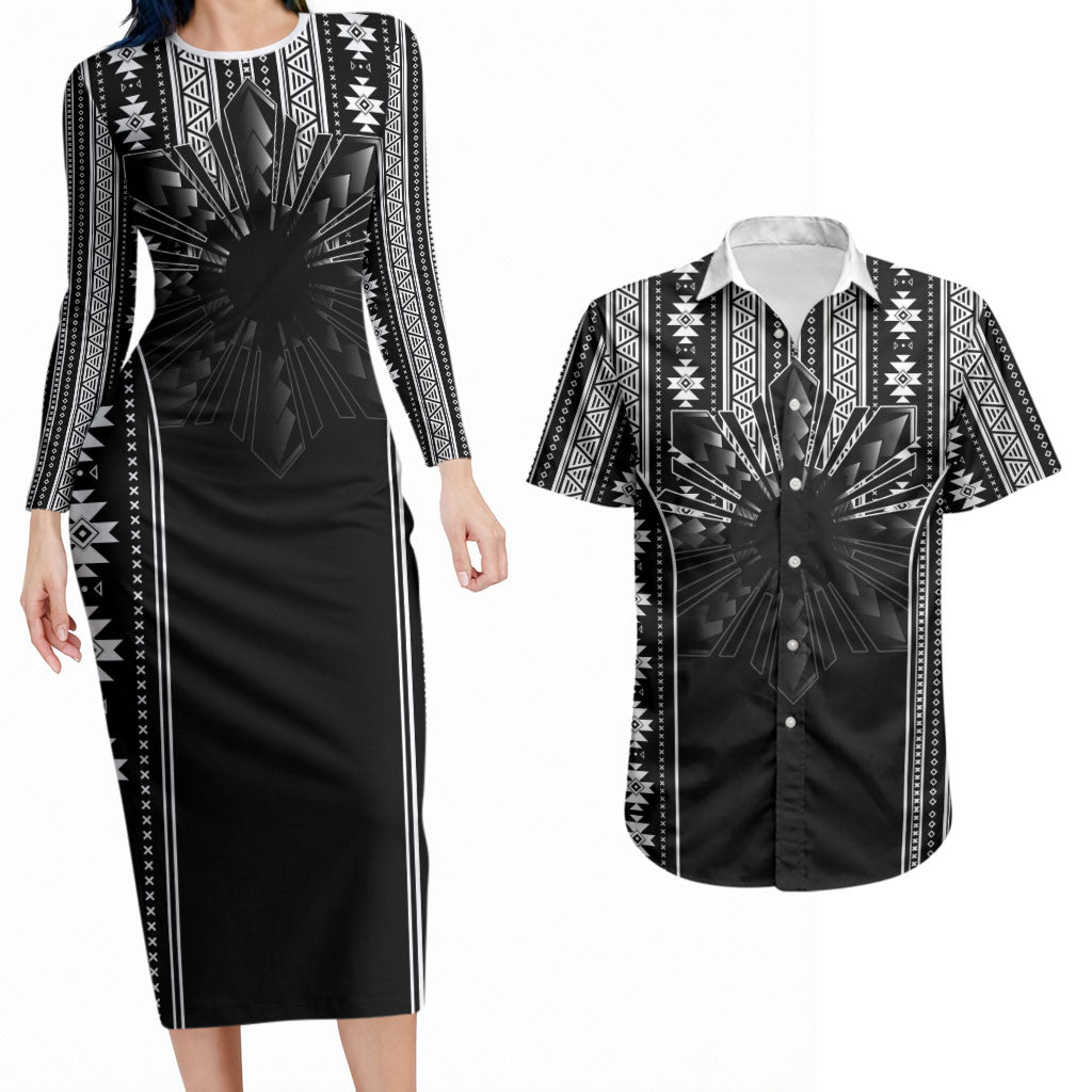 Mabuhay Philippines Festival Couples Matching Long Sleeve Bodycon Dress and Hawaiian Shirt Filipino Map Black White Igorot Pattern