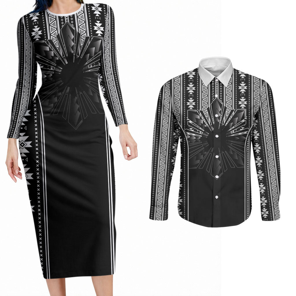 Mabuhay Philippines Festival Couples Matching Long Sleeve Bodycon Dress and Long Sleeve Button Shirt Filipino Map Black White Igorot Pattern
