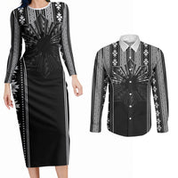 Mabuhay Philippines Festival Couples Matching Long Sleeve Bodycon Dress and Long Sleeve Button Shirt Filipino Map Black White Igorot Pattern