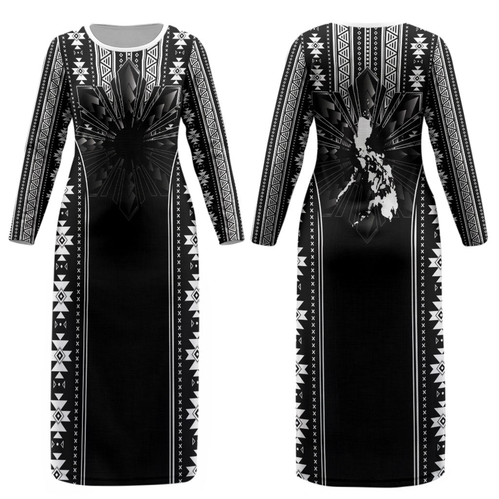 Mabuhay Philippines Festival Couples Matching Long Sleeve Bodycon Dress and Long Sleeve Button Shirt Filipino Map Black White Igorot Pattern