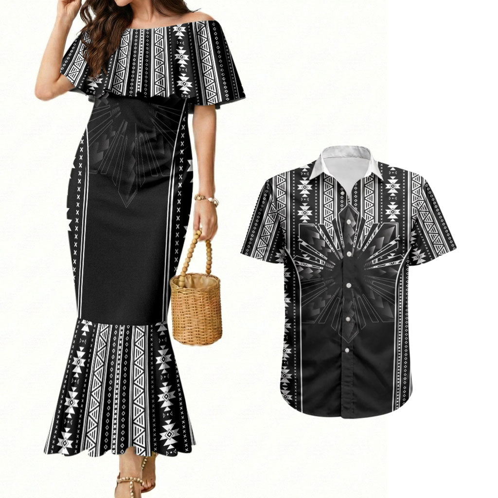 Mabuhay Philippines Festival Couples Matching Mermaid Dress and Hawaiian Shirt Filipino Map Black White Igorot Pattern