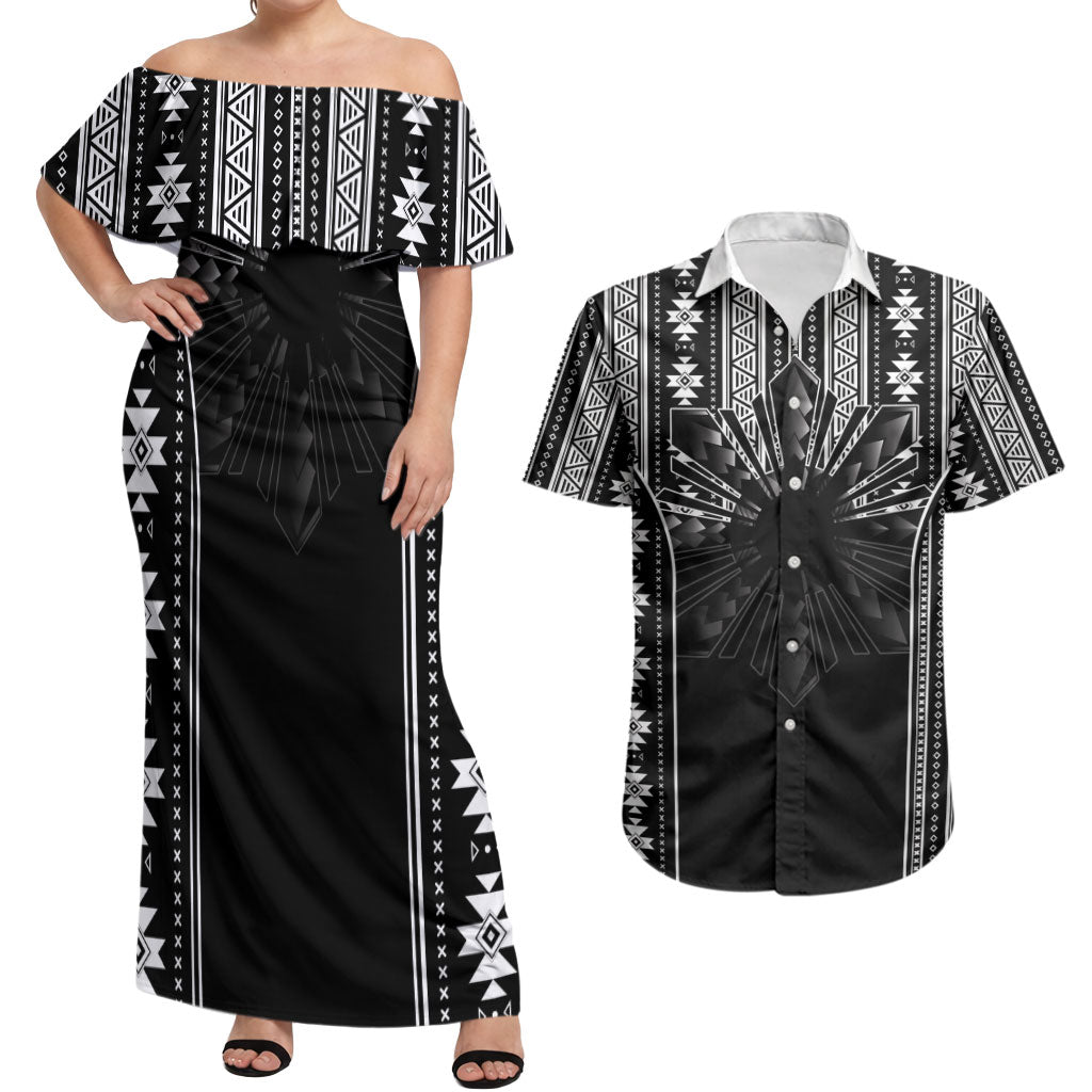 Mabuhay Philippines Festival Couples Matching Off Shoulder Maxi Dress and Hawaiian Shirt Filipino Map Black White Igorot Pattern