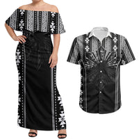 Mabuhay Philippines Festival Couples Matching Off Shoulder Maxi Dress and Hawaiian Shirt Filipino Map Black White Igorot Pattern