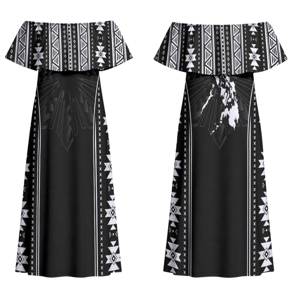 Mabuhay Philippines Festival Couples Matching Off Shoulder Maxi Dress and Hawaiian Shirt Filipino Map Black White Igorot Pattern