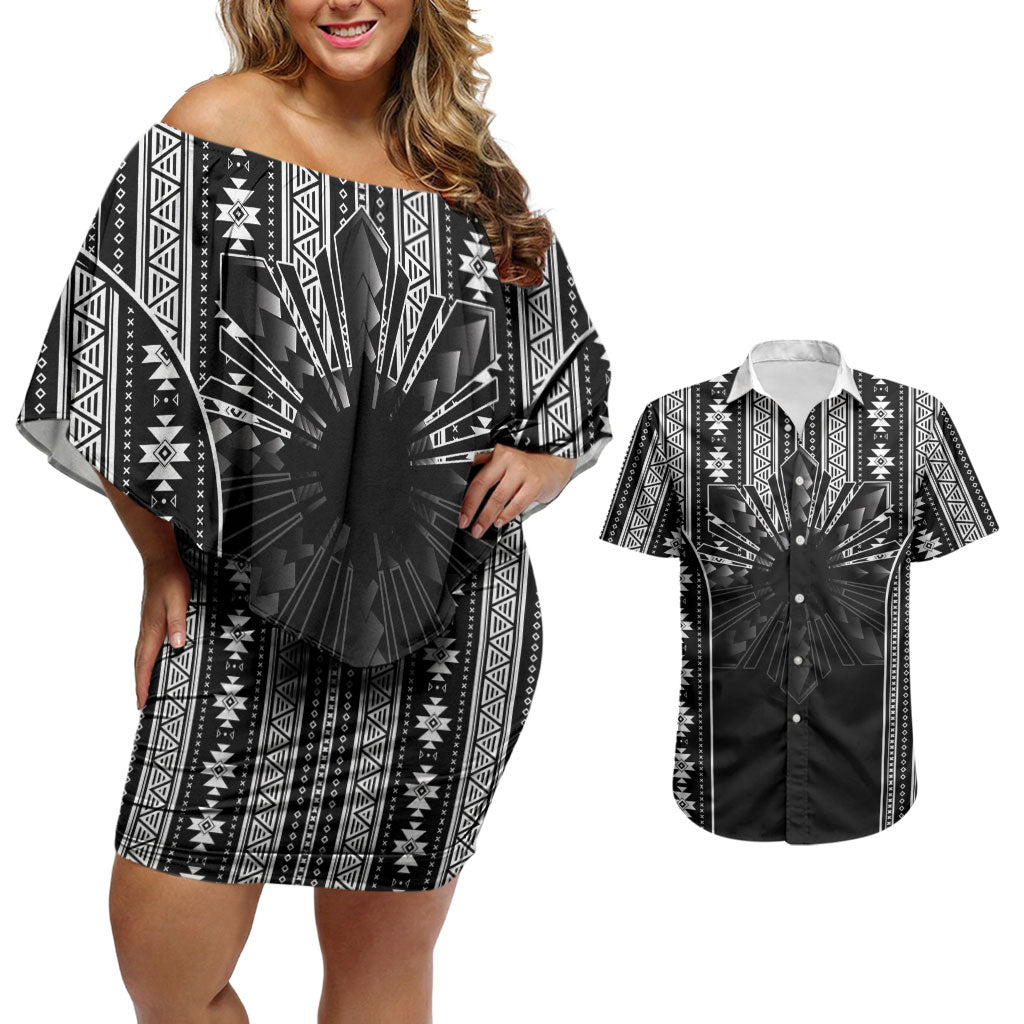 Mabuhay Philippines Festival Couples Matching Off Shoulder Short Dress and Hawaiian Shirt Filipino Map Black White Igorot Pattern