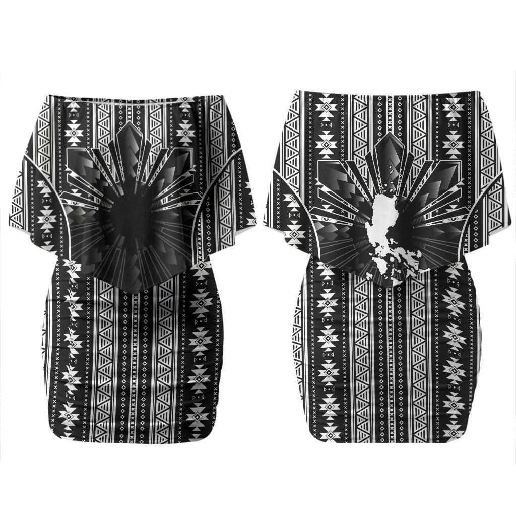 Mabuhay Philippines Festival Couples Matching Off Shoulder Short Dress and Hawaiian Shirt Filipino Map Black White Igorot Pattern
