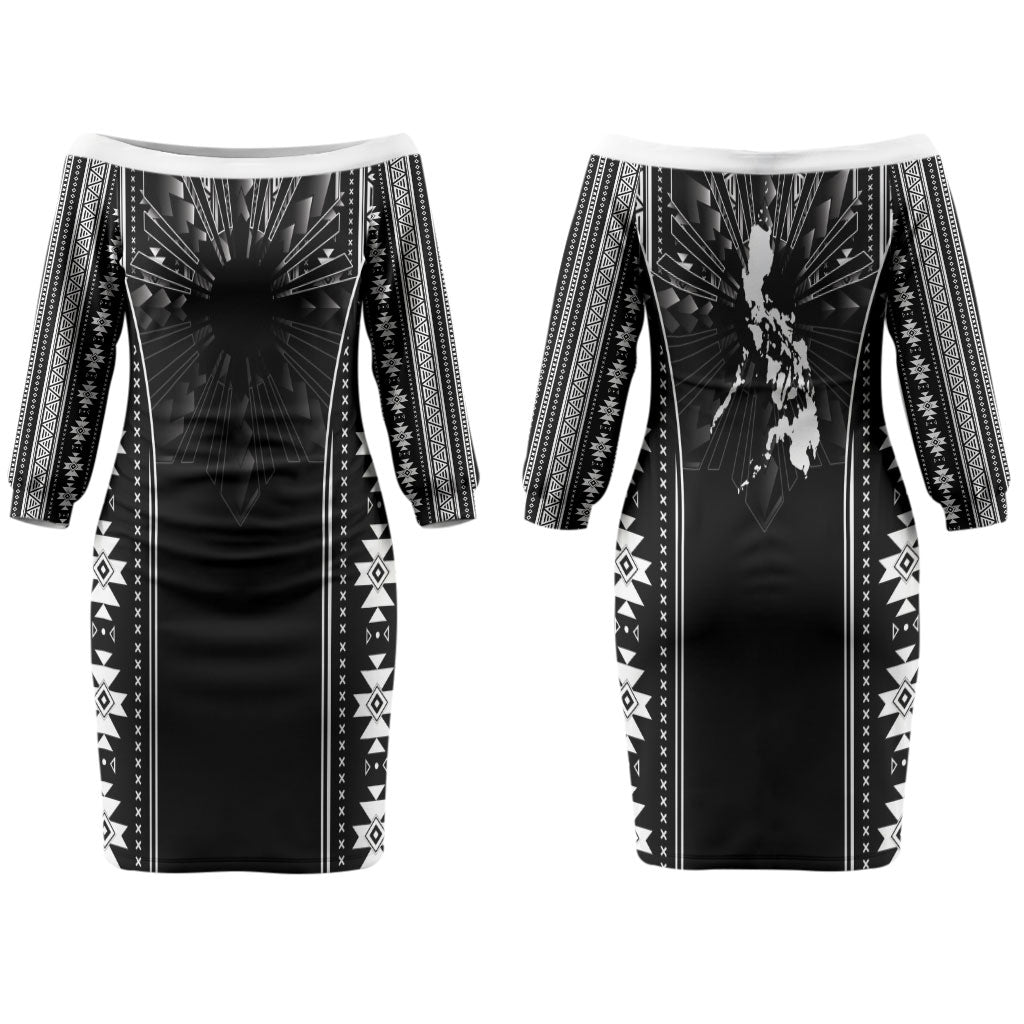 Mabuhay Philippines Festival Couples Matching Off The Shoulder Long Sleeve Dress and Hawaiian Shirt Filipino Map Black White Igorot Pattern