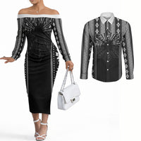 Mabuhay Philippines Festival Couples Matching Off The Shoulder Long Sleeve Dress and Long Sleeve Button Shirt Filipino Map Black White Igorot Pattern