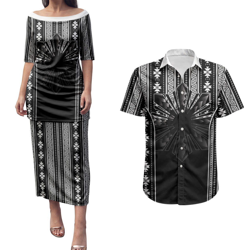 Mabuhay Philippines Festival Couples Matching Puletasi and Hawaiian Shirt Filipino Map Black White Igorot Pattern