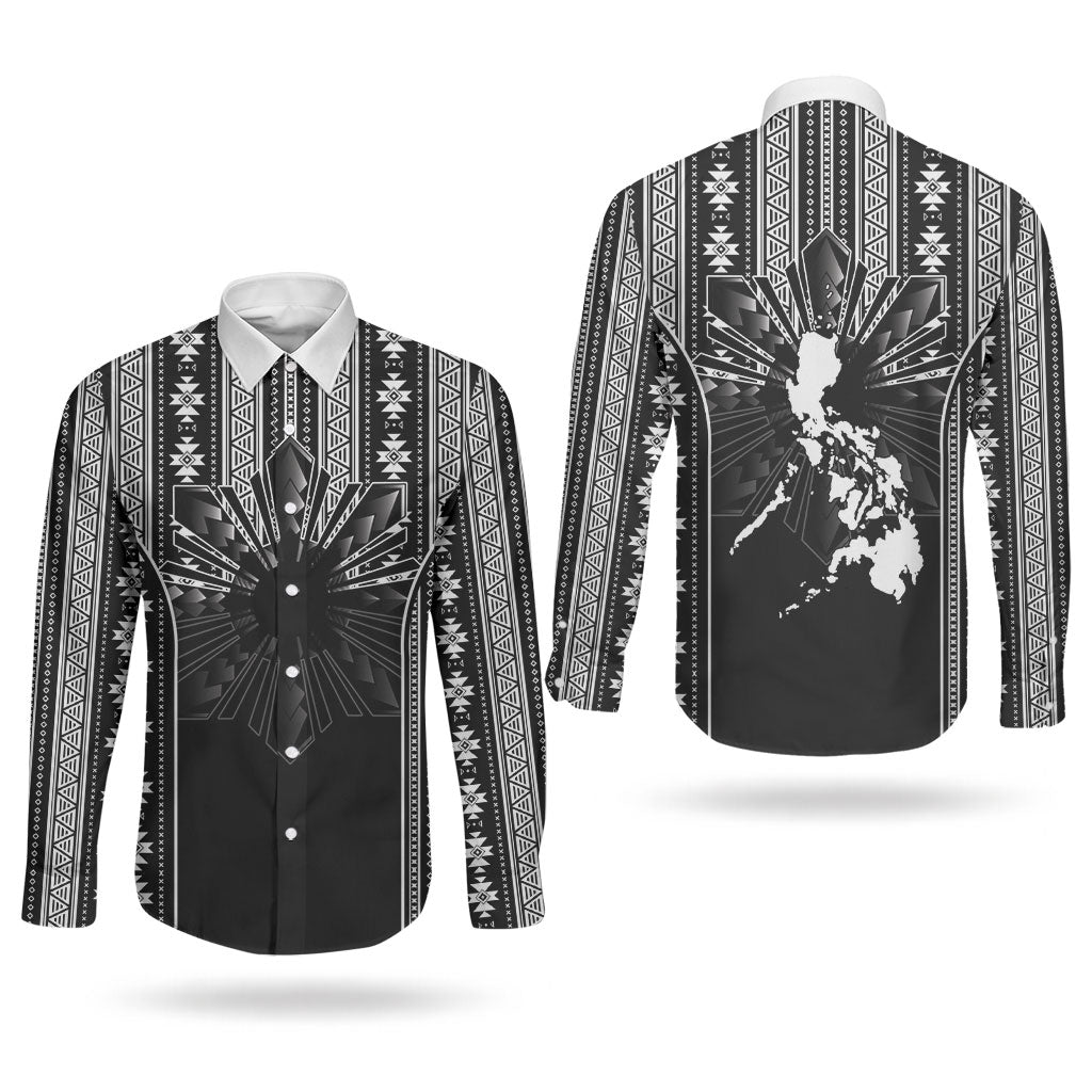 Mabuhay Philippines Festival Couples Matching Puletasi and Long Sleeve Button Shirt Filipino Map Black White Igorot Pattern
