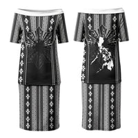 Mabuhay Philippines Festival Couples Matching Puletasi and Long Sleeve Button Shirt Filipino Map Black White Igorot Pattern