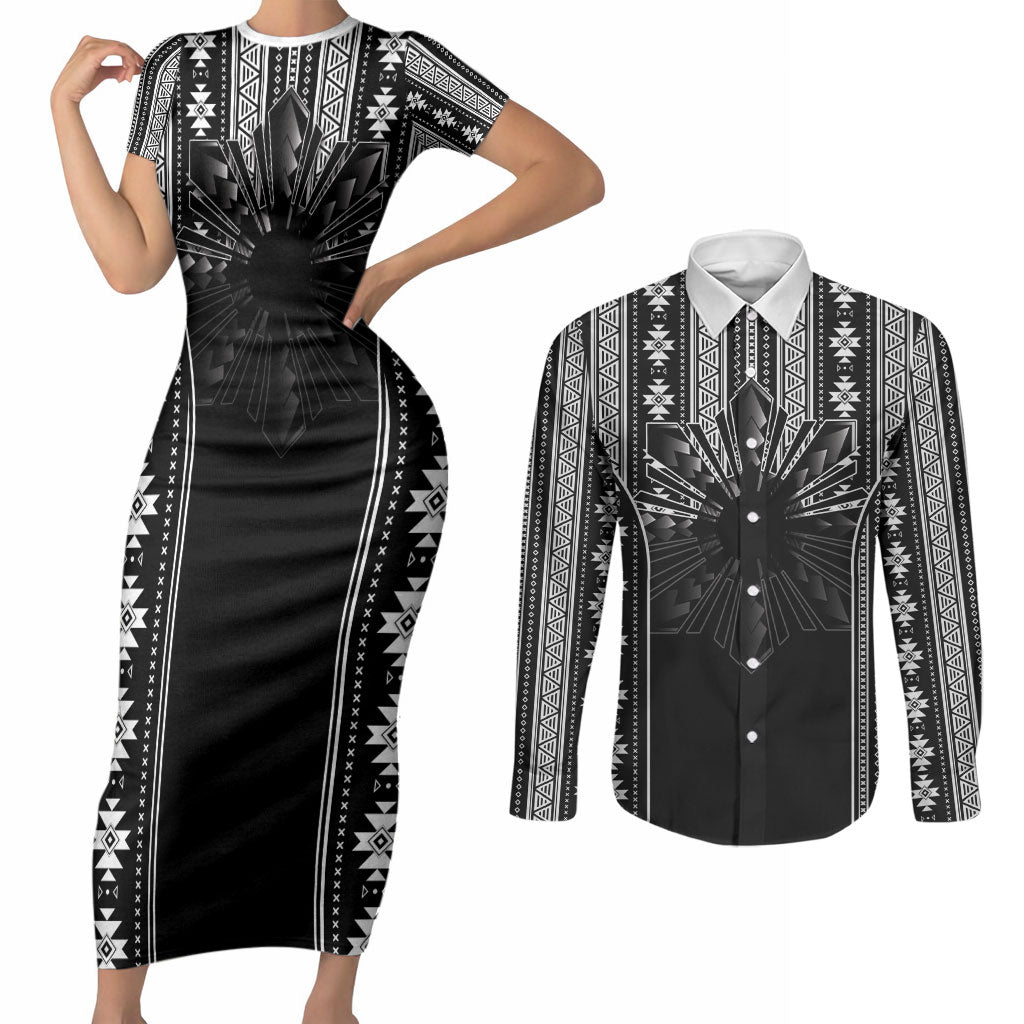Mabuhay Philippines Festival Couples Matching Short Sleeve Bodycon Dress and Long Sleeve Button Shirt Filipino Map Black White Igorot Pattern