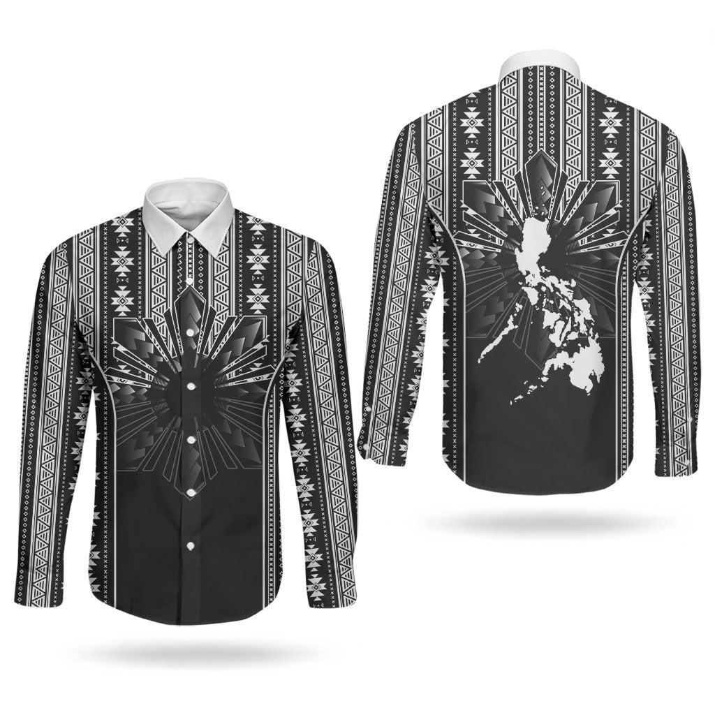 Mabuhay Philippines Festival Couples Matching Short Sleeve Bodycon Dress and Long Sleeve Button Shirt Filipino Map Black White Igorot Pattern