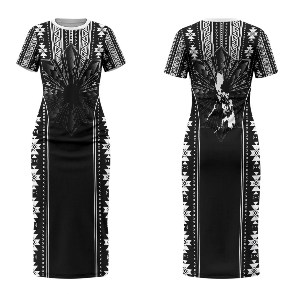 Mabuhay Philippines Festival Couples Matching Short Sleeve Bodycon Dress and Long Sleeve Button Shirt Filipino Map Black White Igorot Pattern