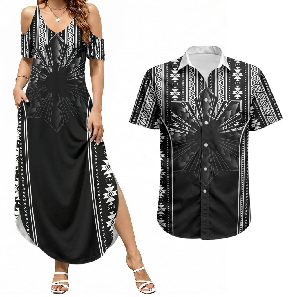 Mabuhay Philippines Festival Couples Matching Summer Maxi Dress and Hawaiian Shirt Filipino Map Black White Igorot Pattern