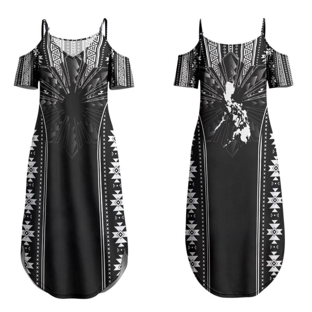 Mabuhay Philippines Festival Couples Matching Summer Maxi Dress and Hawaiian Shirt Filipino Map Black White Igorot Pattern