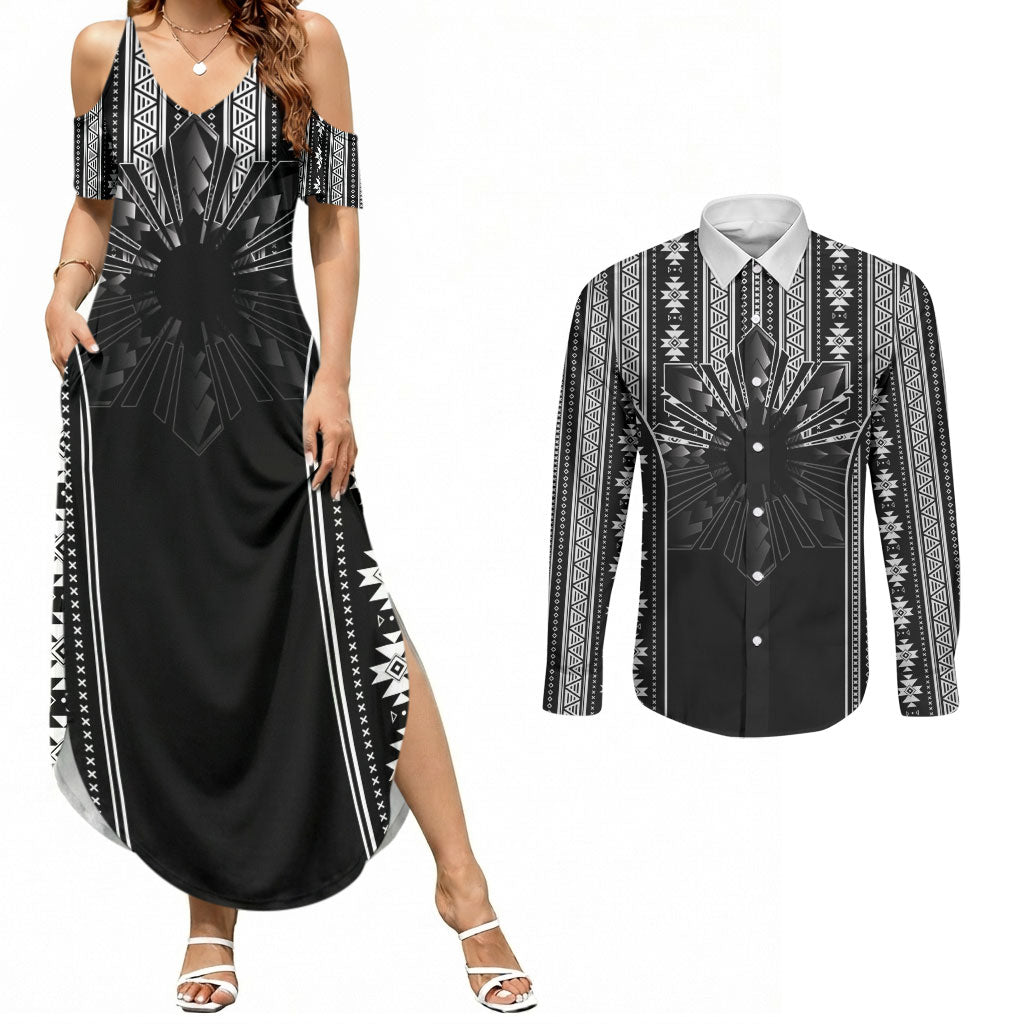 Mabuhay Philippines Festival Couples Matching Summer Maxi Dress and Long Sleeve Button Shirt Filipino Map Black White Igorot Pattern