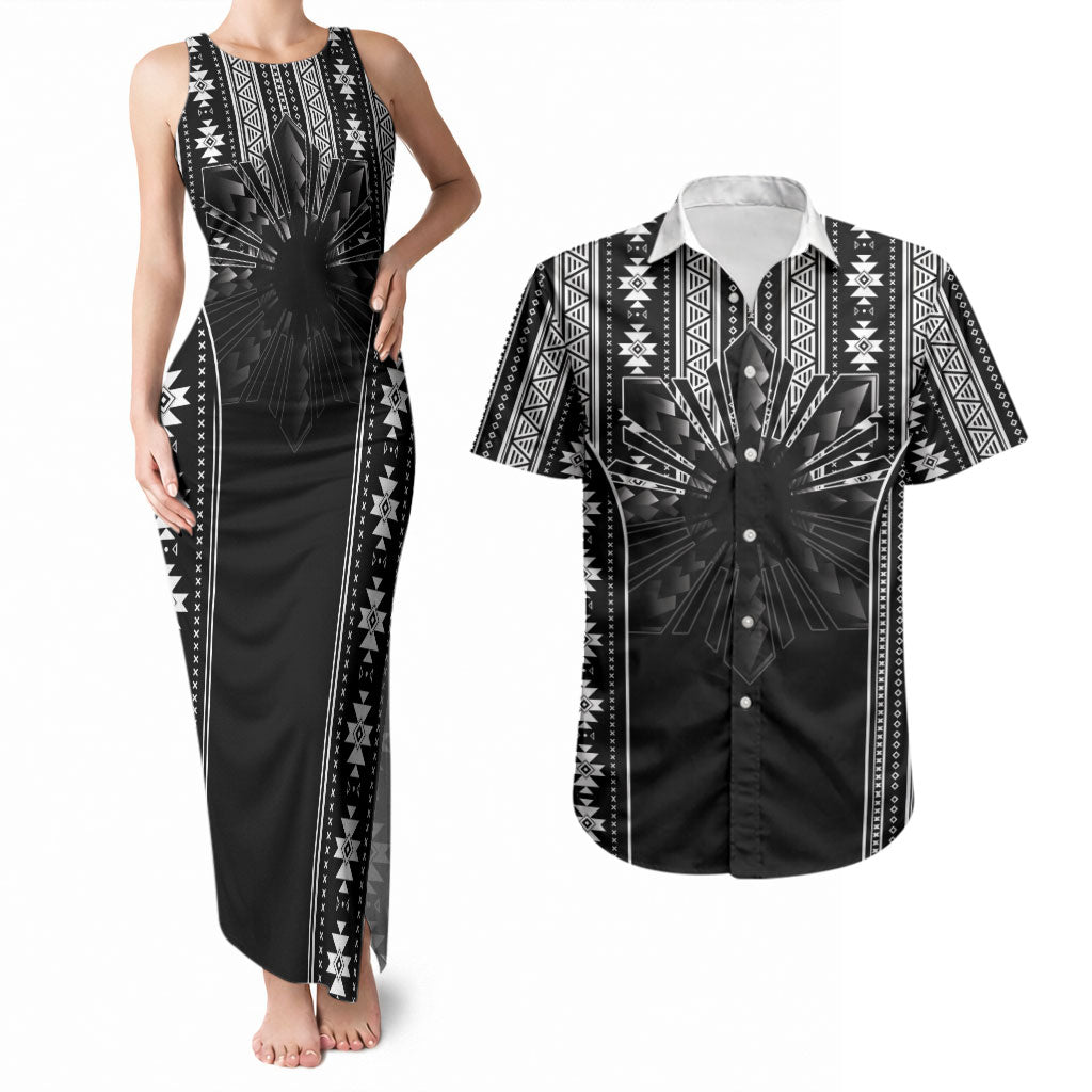 Mabuhay Philippines Festival Couples Matching Tank Maxi Dress and Hawaiian Shirt Filipino Map Black White Igorot Pattern