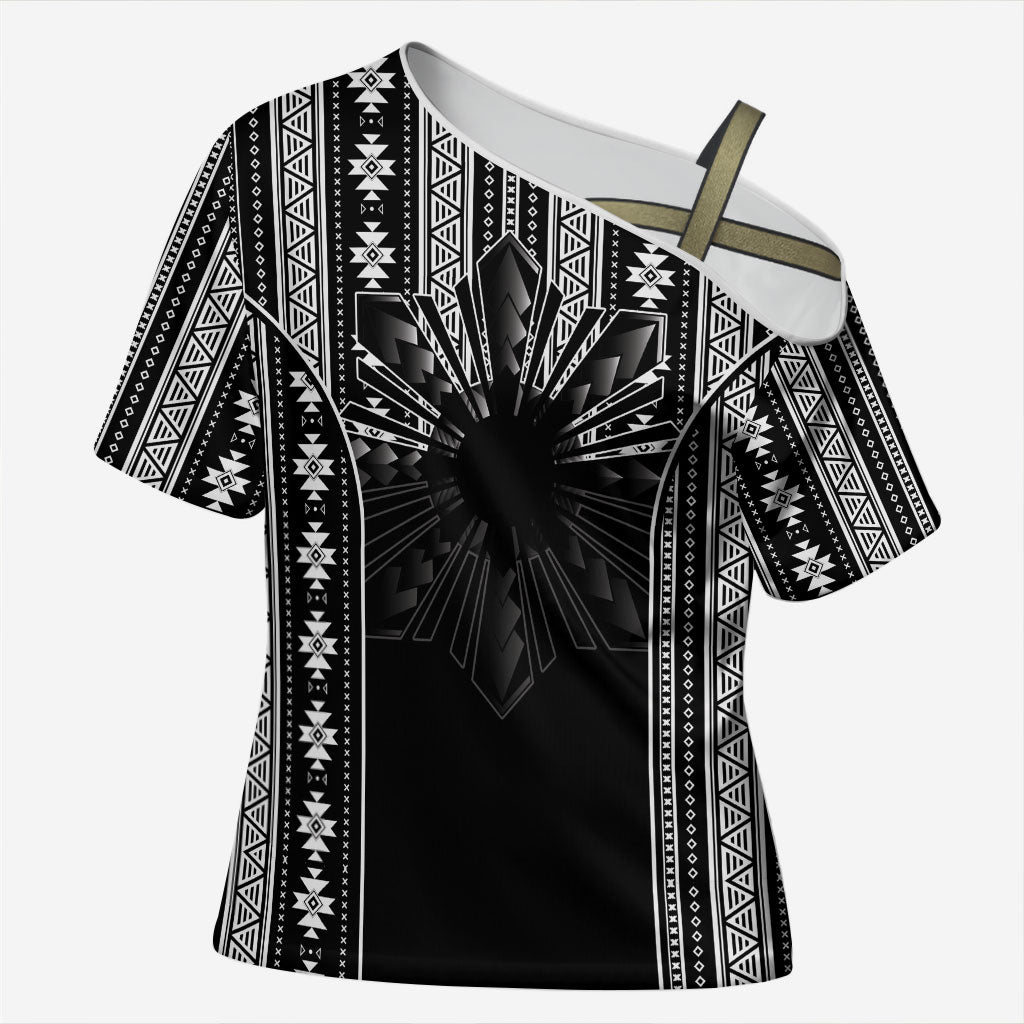 Mabuhay Philippines Festival Cross Shoulder Shirt Filipino Map Black White Igorot Pattern